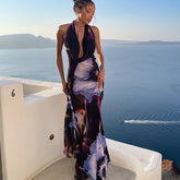 Tie-dye Floral Halter Drape Neck Backless Maxi Dress